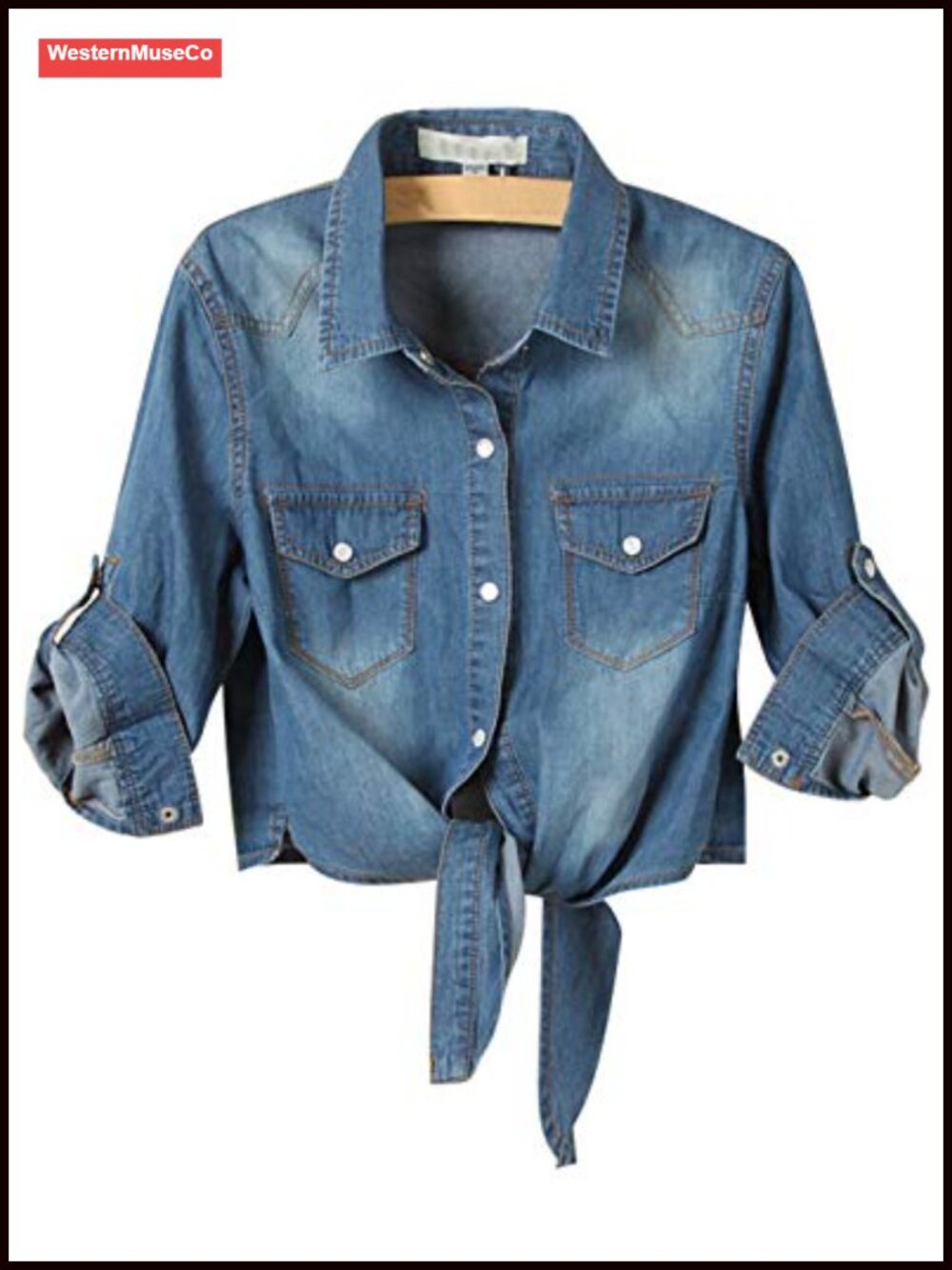 Chambray Tie Front Cropped Button Down Shirt Snap Button Roll Tab Sleeve Blouse